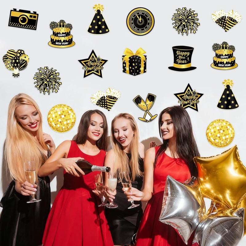 Machomby 48Pcs New Year Paper Cutouts, Black Gold New Years Eve Cut Outs Bulletin Board Decor for Home Office Classroom Chalkboard Window Wall Door New Years Eve Party Decorations 2026 - Image 5